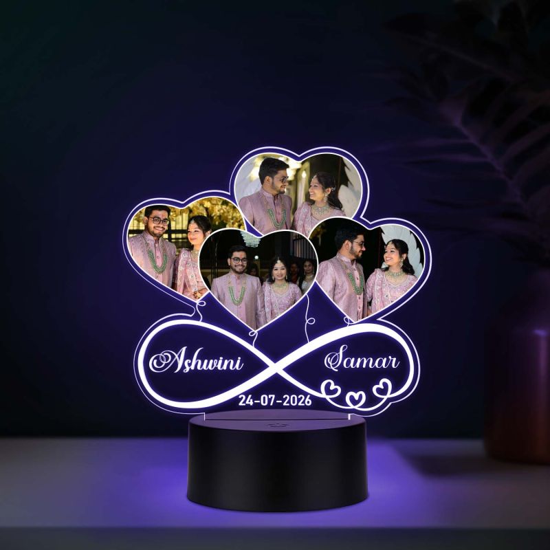 Personalised Couple Photo Collage LED Night Lamp with Infinity Symbol and Heart Design Multicolored Light Anniversary or Wedding Gift for Husband, Wife, or Partner